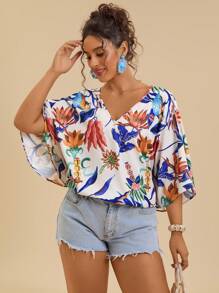 Travachic 大码女式V领花卉印花蝙蝠袖宽松度假衬衫