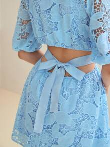 MOTF STUDIO GUIPURE LACE KNOT MINI DRESS - Blue - View 2