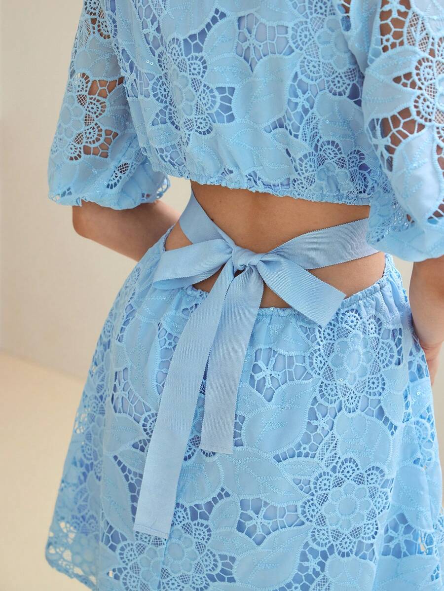 MOTF STUDIO GUIPURE LACE KNOT MINI DRESS - Blue - View 2