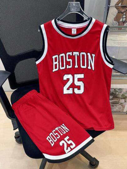 Tween Boy Sporty Street Fashion Breathable Mesh Round Neck Sleeveless Top And Shorts Set, Suitable For Outdoor Activities And Streetwear, Spring/Summer