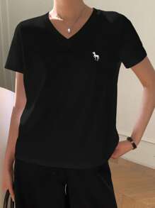 DAZY T-shirt casual à manches courtes avec encolure en V brodé pour femmes