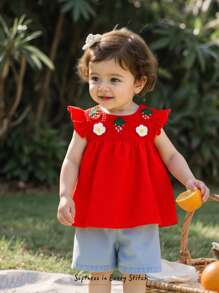Cozy Pixies 2pcs Baby Girl Strawberry Print Knit Soft Round Neck Cap Sleeve Top And Elastic Waist Shorts Set - Multicolor - View 3