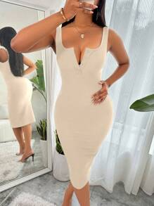 Zolique Robe moulante simple et unie pour femmes, tenue quotidienne - Nude - Voir 5