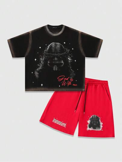 Goth Herren modisches Sommer Set aus T-Shirt mit Streifen- und Grafikdruck und Shorts
