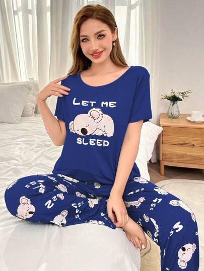 2pcs/Set Cute Koala Print Short Sleeve Pajama Set  Cozy And Elegant Details