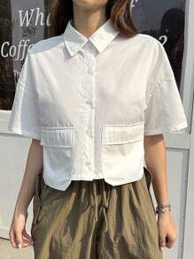 SHEIN Leap Crew Teen Girls' Casual Loose Comfort Short Sleeve Collared Crop Top With Large Pockets