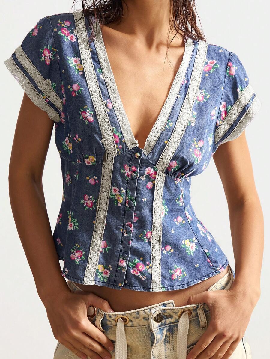 Bohemela 梭织V领短袖修身女式衬衫 - 藍色 - 查看 1