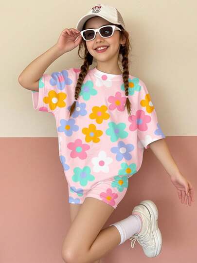 SHEIN Leap Crew 2pcs/Set Tween Girls Casual Minimalist Dopamine Flower Graphic Loose Fit Short Sleeve T-Shirt & Shorts Set, Suitable For Summer