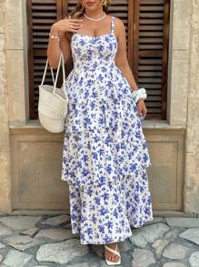 Breezaya 大码波西米亚风碎花无袖长裙，夏季休闲度假装 - 粉色 - 查看 4