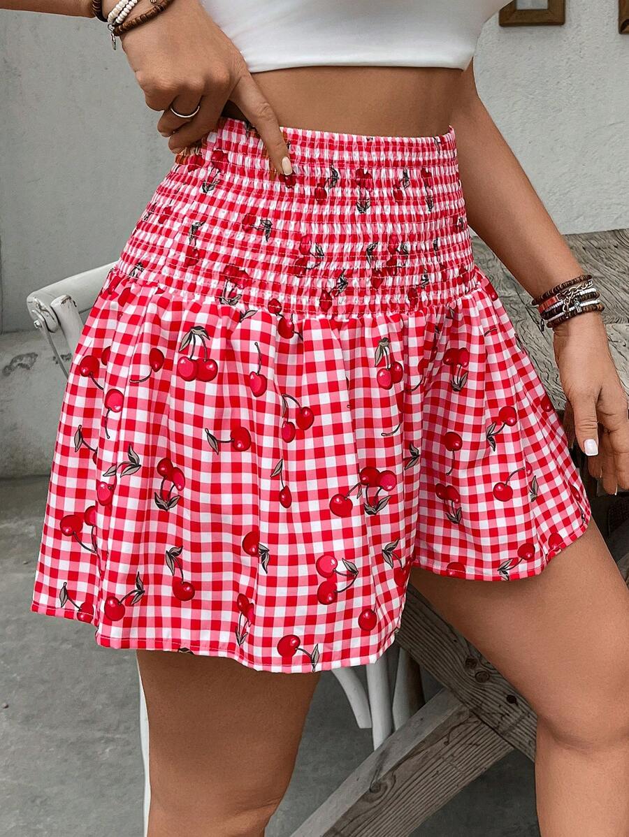SHEIN VCAY 大码女式假日夏季格子樱桃印花抽绳腰宽松短裤泳池派对椰子女孩夏季波西米亚风格早午餐机场海滩度假城市休闲度假西部西部服饰女式加大码欧洲夏季海岛度假蜜月老钱樱桃格子短裤 - 紅色 - 查看 1