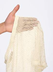 Slaydiva Apricot Light Beige Sheer Mesh Knit Long Sleeve Crop Top And Mini Skirt Co-Ord Two-Piece Set For Women, Summer Seksi Chic Vacation Beach Club Wear - Apricot - View 8