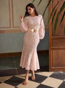 ZEYLAH Elegant Lace Round Neck Long Sleeve Dress, Vacation Style For Spring/Summer