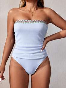 Swim Vcay Women's Wavy Striped Bandeau Tankini Swimsuit Set - White - View 1