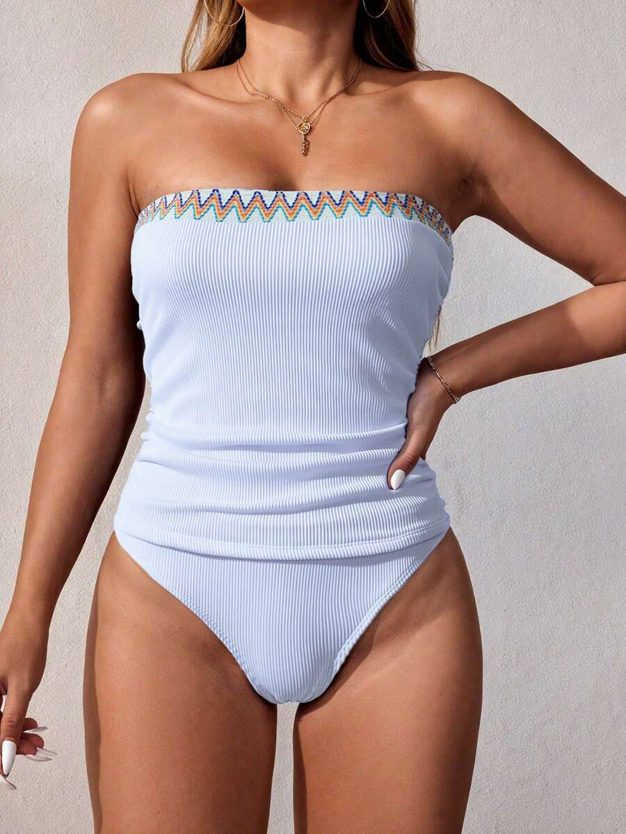 Swim Vcay Women's Wavy Striped Bandeau Tankini Swimsuit Set - White - View 1