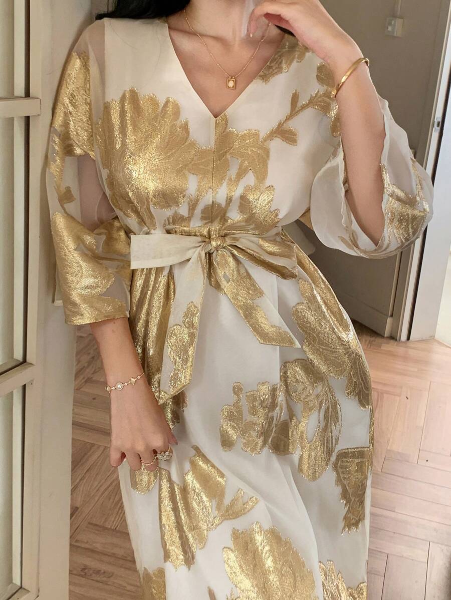 DAZY 女士优雅提花长裙，夏季 - 黃色 - 查看 1