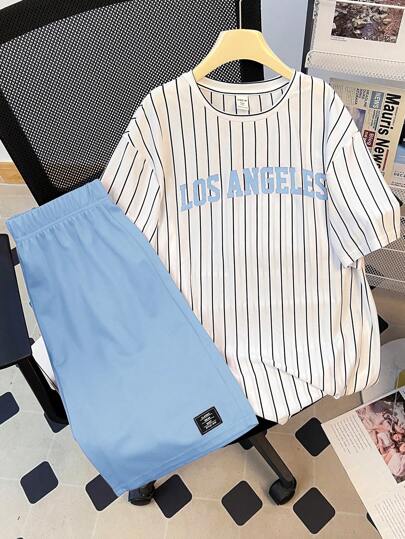 SHEIN Conjunto de camiseta de manga corta y pantalones cortos casuales, elegantes, de moda simple, prácticos, lindos y cómodos para niños adolescentes, adecuados para uso diario, la escuela, salidas, deportes, rayas, festivales y fiestas