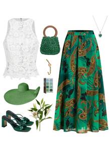 Ellevyn 夏季优雅女士纯色水溶绣花背心和花卉印花松紧腰带飘逸雪纺 A 字裙两件套，适合各种场合穿着