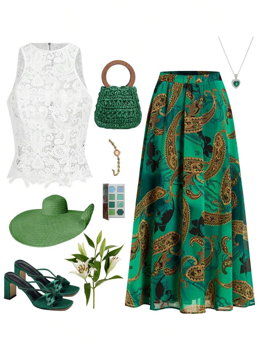 Ellevyn 夏季优雅女士纯色水溶绣花背心和花卉印花松紧腰带飘逸雪纺 A 字裙两件套，适合各种场合穿着