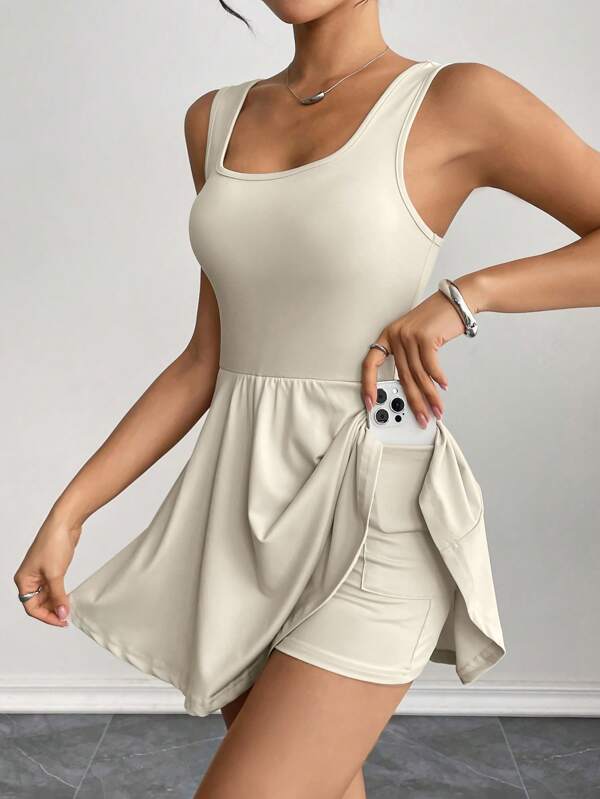SHEIN PETITE Women's Apricot Knitted Sleeveless Square Neck Backless Short Unitard Dress: Stretchy & Stylish