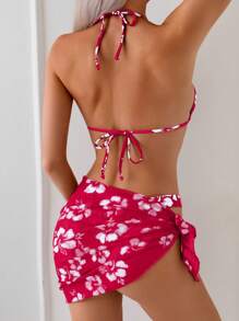 Zestiva Floral Print Halter Neck Bikini Set With Tie Front Skirt For Summer Beach Vacation
