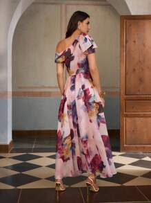 ZEYLAH Romantic Elegant One Shoulder Bowknot & Floral Print Waist Cinched Maxi Dress, Spring And Summer - Multicolor - View 4