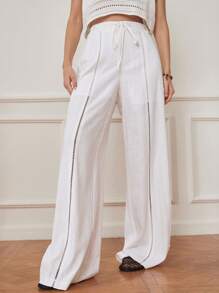 Dazy-Less Linen Leisure Vacation Style Hollow Out Lace Up Drawstring Waist Women's Wide Leg Pants Business Casual Woman Work Clothes - White - View 7