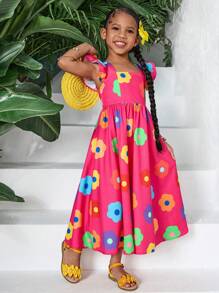 SHEIN Young Girl Fashionable Chiffon Ditsy Floral Sleeveless Snug Fit Slip Dress - Hot Pink - View 4