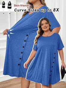 SHEIN CURVE+ Vestido con detalle de botones y dobladillo asimétrico talla grande, Atuendos de verano para mujer, Vestidos de verano para mujer, Atuendos de playa para mujer/Vestido de playa/Atuendos de vacaciones en la playa/Esenciales de playa/Graduación/Vestido de fiesta de té de verano/Campo/Atuendos de vacaciones en la playa/Atuendos de playa/Ropa de playa - Azul - Ver 1
