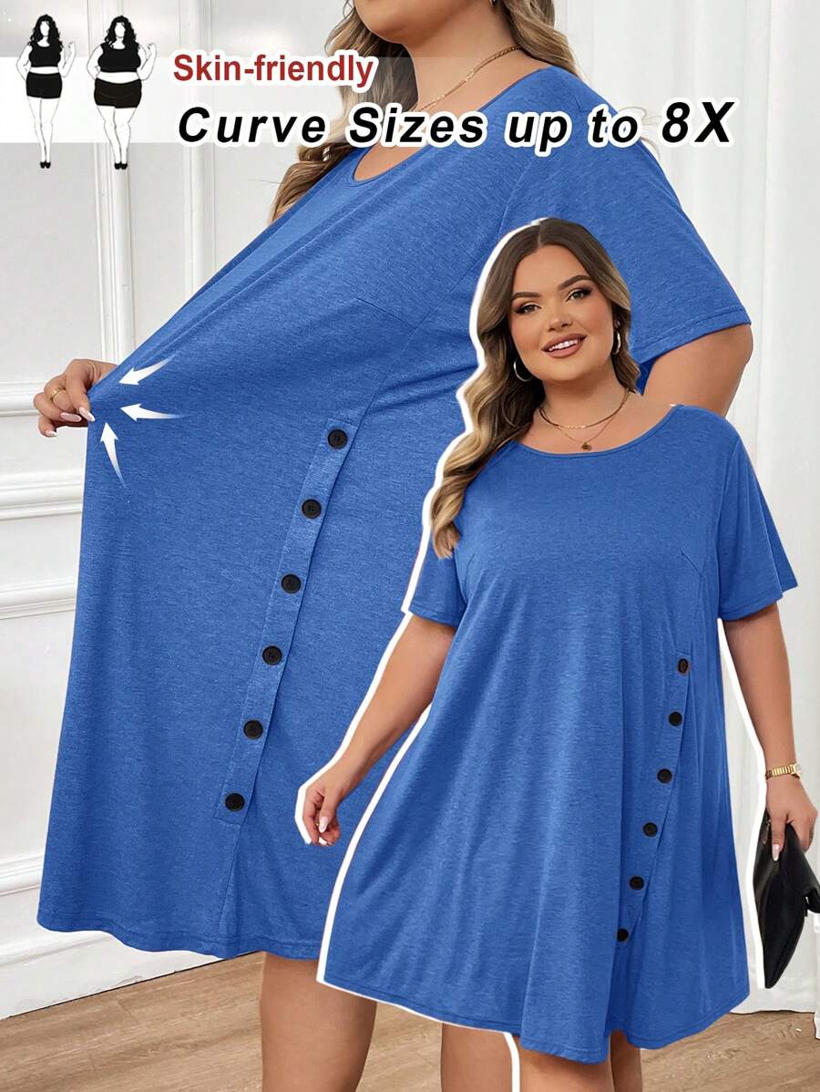 SHEIN CURVE+ Vestido con detalle de botones y dobladillo asimétrico talla grande, Atuendos de verano para mujer, Vestidos de verano para mujer, Atuendos de playa para mujer/Vestido de playa/Atuendos de vacaciones en la playa/Esenciales de playa/Graduación/Vestido de fiesta de té de verano/Campo/Atuendos de vacaciones en la playa/Atuendos de playa/Ropa de playa - Azul - Ver 1