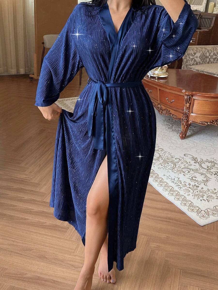 DAZY Glittering Texture Patchwork Satin Women Robe Pajama - Navy Blue - View 1