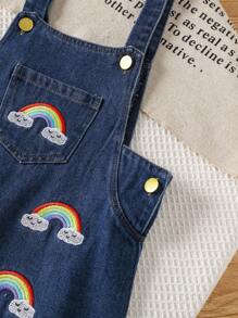 SHEIN 2 Stücke/Set Kleine Mädchen Süß Lässig Sport Gestreiftes Rundhals T-Shirt + Jeansträgerrock Outfit - Verschiedenfarbig - Übersicht 6