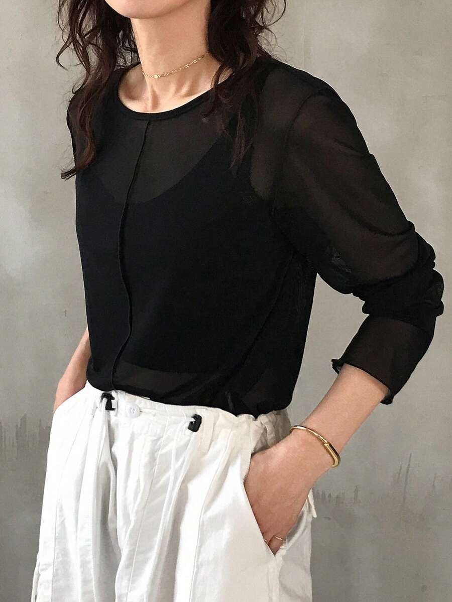 FRIFUL 女士圆领吊带背心，修身透视长袖女上衣，秋季女装 - 黑色 - 查看 1