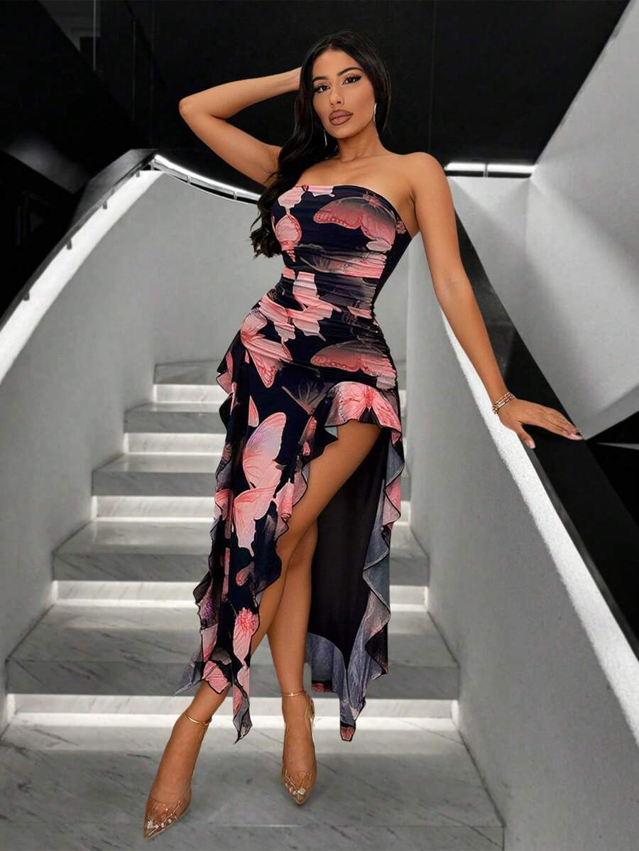 SHEIN SXY Summer Butterfly Print Flowy Ruffle Hem Backless High Slit Fitted Dress - Pink - View 1