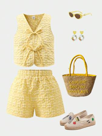 SHEIN Girlism 青少年女孩休闲黄色提花蝴蝶结吊带上衣和短裤两件套