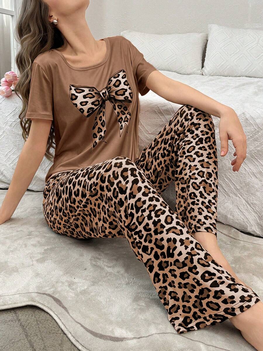 Leopard Print Bowknot Pattern Short Sleeve Pants Women Pajama Set