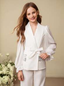 SHEIN Tween Girls Ramadan Special Elegant Beaded Tassel Decor Puff Sleeve Tie Front Blazer & Pants Set, Suitable For Daily Street Wear And Festivals, Spring & Autumn - White - View 5