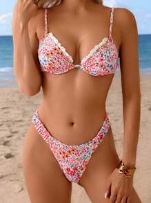 Swim Mod Ladies Printed 2pcs Swimsuit With Halter Neck, Frill Trim Shoulder Straps, Back Tie And Side Ruffle Details For Summer Beach Vacation - Multicolor - View 1