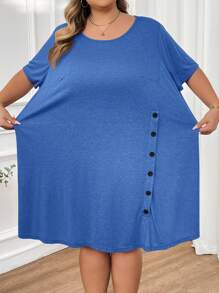 SHEIN CURVE+ Vestido con detalle de botones y dobladillo asimétrico talla grande, Atuendos de verano para mujer, Vestidos de verano para mujer, Atuendos de playa para mujer/Vestido de playa/Atuendos de vacaciones en la playa/Esenciales de playa/Graduación/Vestido de fiesta de té de verano/Campo/Atuendos de vacaciones en la playa/Atuendos de playa/Ropa de playa - Azul - Ver 4