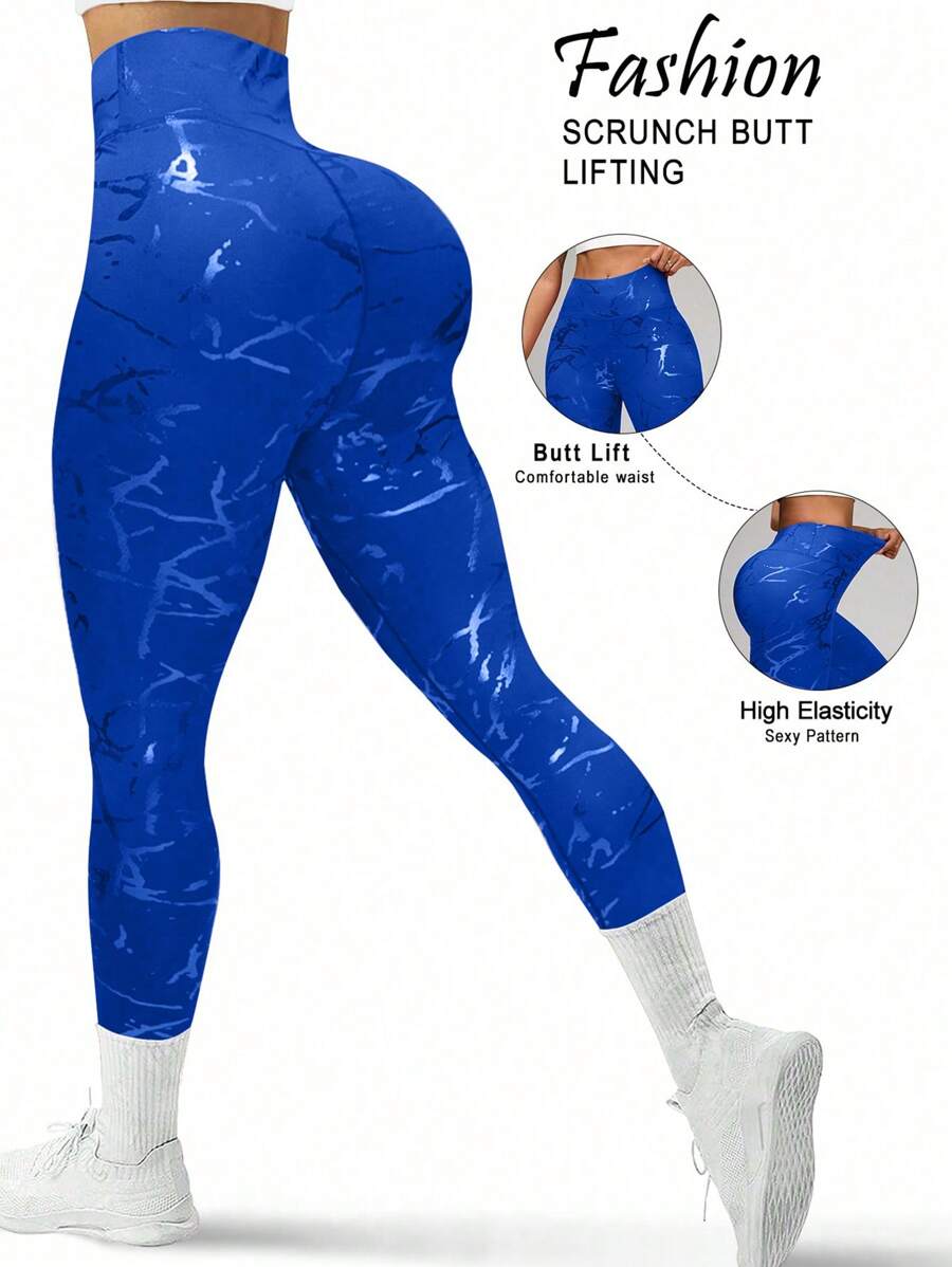 Easithlete 高腰烫金塑身瑜伽裤 - 寶藍色 - 查看 1