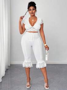 Maweii 2025 Women's Plus Size Elegant Sexy Solid Color Eyelet Decor Lace Trim Waist Tie Mid-Calf Pants, Bowknot Decor, Fashion Versatile High-End Design For Music Festival & Daily Wear