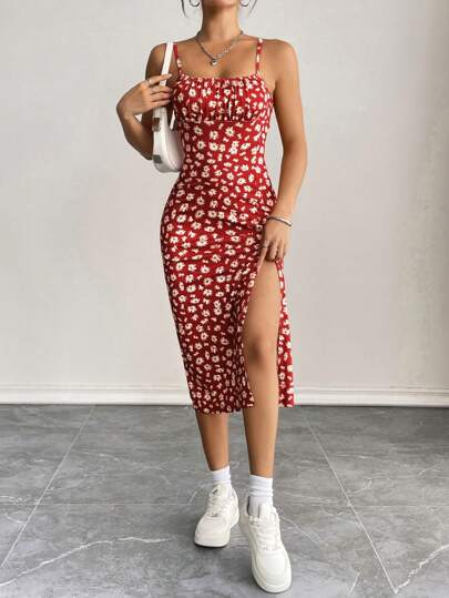 SHEIN PETITE Women's Plus Size Slim Fit Side Slit Spaghetti Strap Dress With Small Floral Pattern Summer Dresses For Women