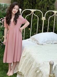 DAZY Vestido casual de verano de unicolor con cuello en V y manga corta con decoración de lazo para niñas preadolescentes, ropa de regreso a la escuela - Rosa - Ver 6