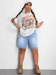 SHEIN ICON Plus Size Women's Loose-Fit Casual Denim Shorts With Pockets Autumn Outfits For Women Festival Outfits Bermuda Shorts Casual