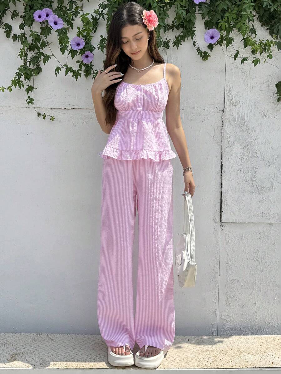 SHEIN Leap Crew Teen Girls 2pcs/Set Casual Minimalist Comfortable Ruffle Hem Camisole And Shorts Set - Pink - View 1