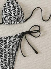 SHEIN Swim 2 piezas Conjunto de bikini de mujer sexy con escote halter de punto jacquard con lazo, para verano - Blanco y Negro - Ver 3