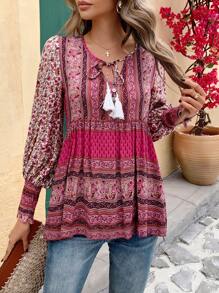 SHEIN Holidaya 花卉印花流苏领口灯笼袖荷叶边衬衫荷叶边上衣 - 彩色 - 查看 1