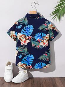 SHEIN Tween Boy Daily Casual Striped Print Pattern Turndown Collar Button-Up Short Sleeve Woven Shirt - Blue - View 2