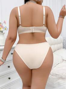 2pcs Plus Size Women Underwear Set, Wireless Lace Bra With Shiny Straps - Apricot - View 2