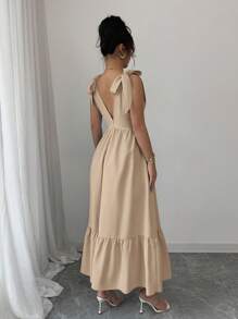 Rafferiza Đầm không tay cổ chữ V thắt nơ thanh lịch, eo rút dây, màu xanh, phù hợp cho mùa xuân/hè - Màu Khaki - Xem 2