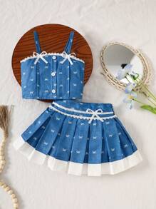 2 Stücke/Set Baby Mädchen Frühling & Sommer eleganter Stil Schleifen-Form Stick-Ärmellos Top & kurzer plissierter Rock - Blau - Übersicht 7
